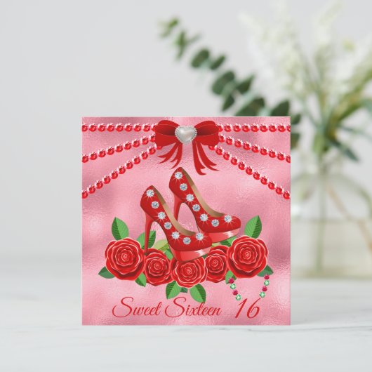Rote Schuhe, Juwelen und Rose Blume 16 . Geburtsta Einladung (Stehend Vorderseite)