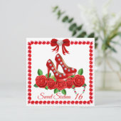 Rote Schuhe, Juwelen und Rose Blume 16 . Geburtsta Einladung (Stehend Vorderseite)