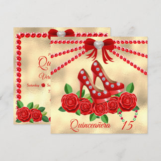 Rote Schuhe, Juwelen und Rose Blume Quinceañera Einladung