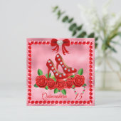 Rote Schuhe, Juwelen und Rose Blume Quinceañera Einladung (Stehend Vorderseite)