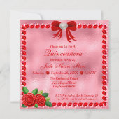 Rote Schuhe, Juwelen und Rose Blume Quinceañera Einladung (Rückseite)