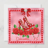 Rote Schuhe, Juwelen und Rose Blume Quinceañera Einladung (Vorderseite)