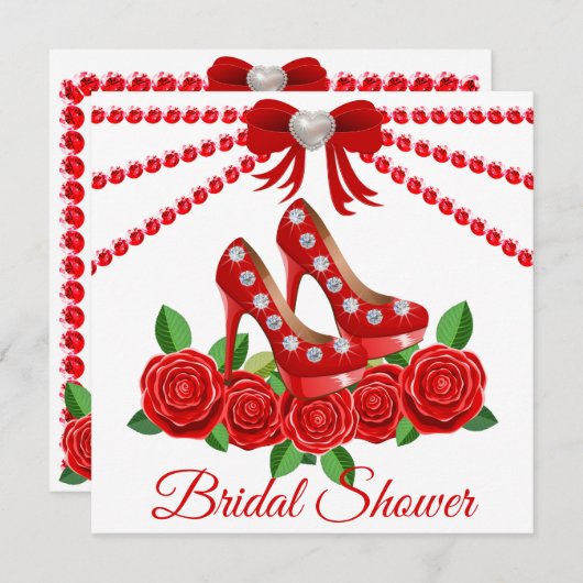 Rote Schuhe, Juwelen und Rose Brautparty Einladung (Vorne/Hinten)