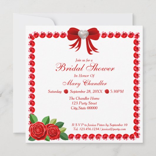 Rote Schuhe, Juwelen und Rose Brautparty Einladung (Rückseite)