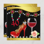 Rote Schuhe, Wein & Juwelen 40. Geburtstag Einladung (Vorne/Hinten)