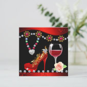 Rote Schuhe, Wein & Juwelen Schwarzes und Rotes Br Einladung (Stehend Vorderseite)