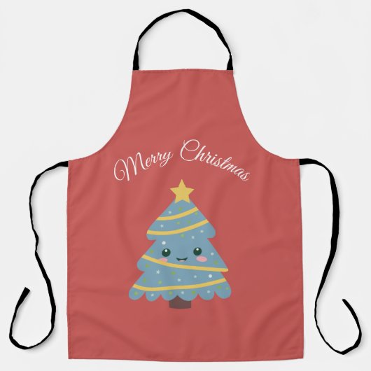 Rote Schürze mit Kawaii Weihnachtsbaum (Vorderseite)