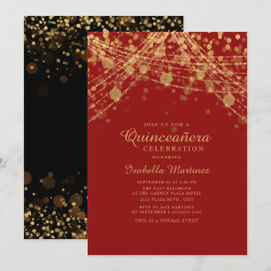 Rote Schwarz Gold Glitter Lichterkette Quinceañera Einladung