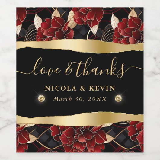 Rote Schwarz-Gold-Marmor-Hochzeit Weinetikett (Einzelnes Label)