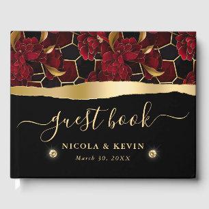 Rote Schwarz und Gold Marmor Blumen Hochzeit Gästebuch