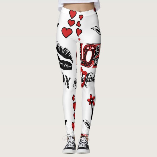 Rote Schwarz-weiße Valentine-Motiv-Leggings Leggings (Vorderseite)