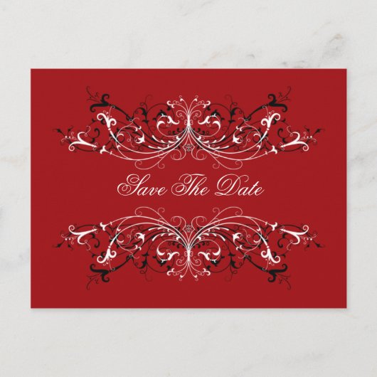 Rote Schwarz-weiße Wirbel Save the Date Ankündigungspostkarte (Vorderseite)