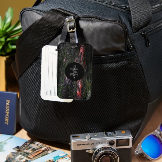 Rote schwarze Baummosse Holzrinde Monogram Gepäckanhänger (Vorderseite & Rückseite)