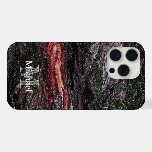 Rote schwarze Baummosse Holzrinde Monogram iPhone Hülle (Rückseite (Horizontal))