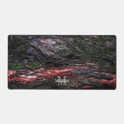Rote schwarze Baummosse Holzrinde Monogram Schreibtischunterlage (Vorderseite)