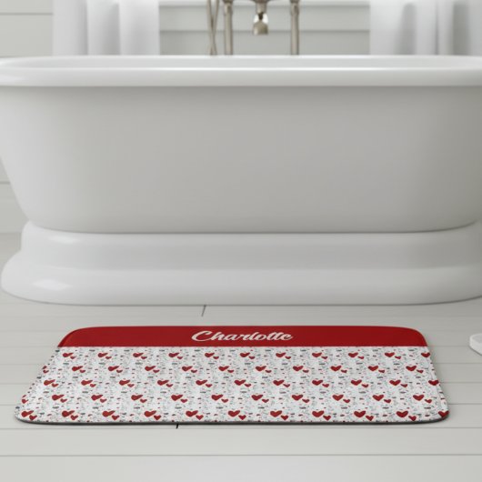 Rote schwarze Doodle-Herzen Retro-Monogramm-Name Badematte