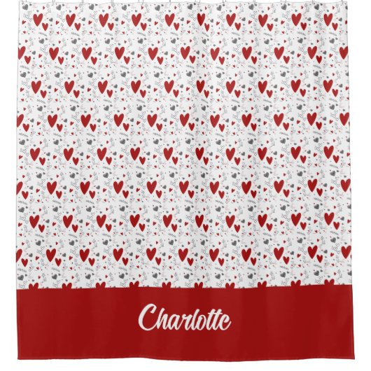 Rote schwarze Doodle-Herzen Retro-Monogramm-Name Duschvorhang (Vorderseite)