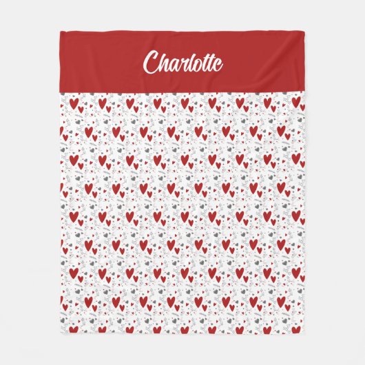 Rote schwarze Doodle-Herzen Retro-Monogramm-Name Fleecedecke (Vorderseite)