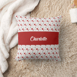 Rote schwarze Doodle-Herzen Retro-Monogramm-Name Kissen