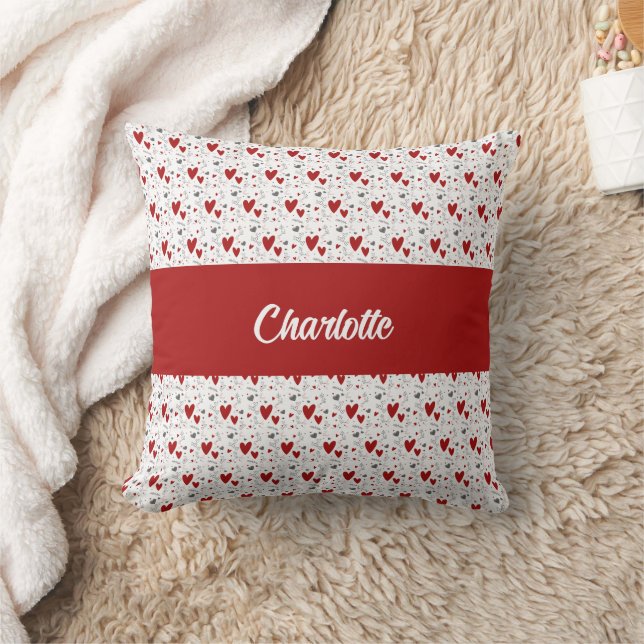 Rote schwarze Doodle-Herzen Retro-Monogramm-Name Kissen (Decke)