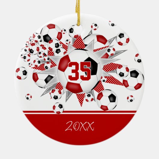 Rote schwarze Fußballbälle halten Sake Keramik Ornament (Hinten)