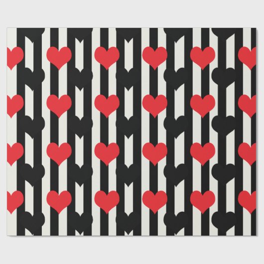 Rote schwarze Herzen auf Schwarz-weißen Streifen Geschenkpapier (Flach)