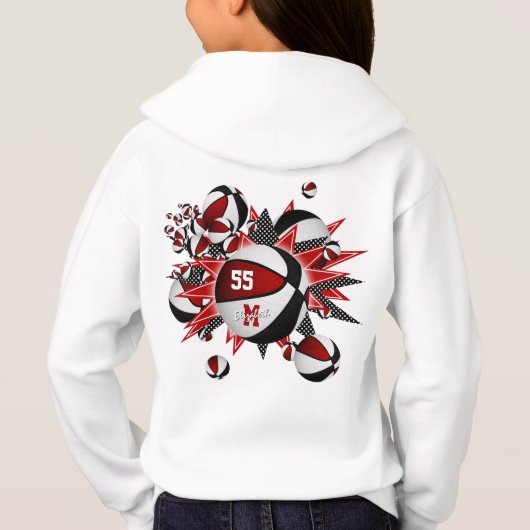Rote Schwarze Mannschaft Farben Mädchen Basketball Hoodie (Rückseite)