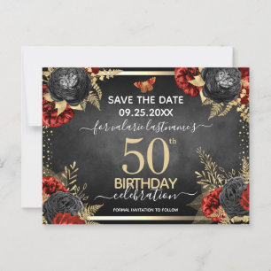 Rote Schwarze Rose 50. Geburtstag Save the Date Postkarte