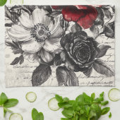Rote Schwarze Rose Antike Manuskriptblumen Geschirrtuch (Gefaltet)