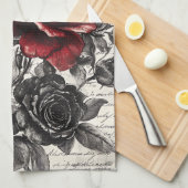 Rote Schwarze Rose Antike Manuskriptblumen Geschirrtuch (Viertel Falte)