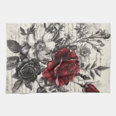 Rote Schwarze Rose Antike Manuskriptblumen Geschirrtuch (Horizontal)