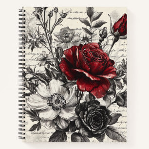 Rote Schwarze Rose Antike Manuskriptblumen Notizblock