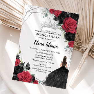 Rote schwarze Rose Blumenkleid Silver Quinceañera Einladung