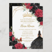Rote schwarze Rose Blumenkleid Silver Quinceañera Einladung (Vorne/Hinten)
