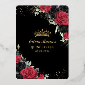 Rote schwarze Rose Floral Quinceñera Save the Date Folieneinladung (Rückseite)