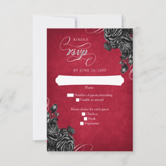 Rote Schwarze Rose Gothic Wedding RSVP Karte (Vorderseite)