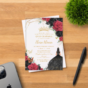 Rote schwarze Rosen Blumenkleid Gold Quinceañera X Acryleinladungen