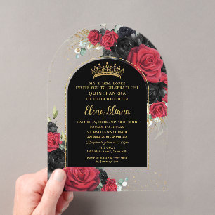 Rote schwarze Rosen Floral Quinceanera Sweet 16 Bo Acryleinladungen