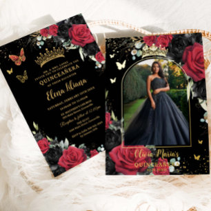 Rote schwarze Rosen Floral Quinceañera Sweet 16 Fo Folieneinladung