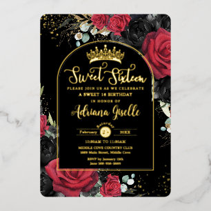 Rote schwarze Rosen Floral Sweet 16 16. Geburtstag Folieneinladung