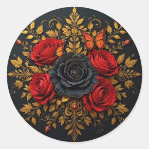 Rote & Schwarze Rosen Romantische Blüte Runder Aufkleber