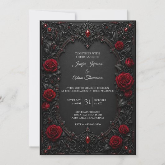 Rote schwarze Spitzen-Hochzeitseinladung Einladung (Vorderseite)