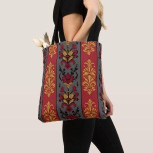 Rote, schwarze und goldene Damast-Muster-Tasche Tasche