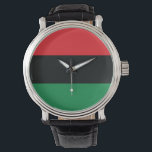 Rote, Schwarze und Grüne Flagge Armbanduhr<br><div class="desc">Die 3 panafrikanischen Farben auf der Fahne repräsentieren: rot: das Blut, das alle Menschen der schwarzen afrikanischen Herkunft vereint und zur Befreiung vergießt; SCHWARZ: Schwarze Menschen, deren Existenz als Nation, wenn auch nicht als Nation-Staat, durch die Existenz der Fahne bestätigt wird; und GRÜNE: der üppige natürliche Reichtum Afrikas. Vintage Alte...</div>