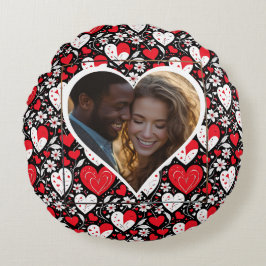 Rote, Schwarze und Weiße Herzen und Blume Personal Rundes Kissen