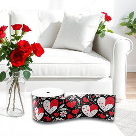 Rote, Schwarze und Weiße Herzen und Blume Valentin Ripsband