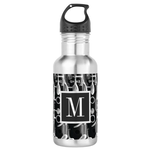 Rote, schwarze und weiße Monogramm-Klarinette Edelstahlflasche (Vorderseite)