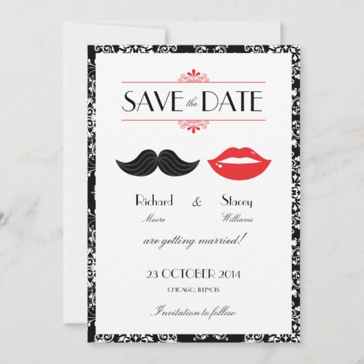 Rote, schwarze und weiße Mustache & Lips Damask Ho Save The Date (Vorderseite)