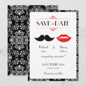 Rote, schwarze und weiße Mustache & Lips Damask Ho Save The Date (Vorne/Hinten)