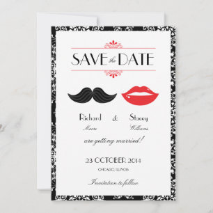 Rote, schwarze und weiße Mustache & Lips Damask Ho Save The Date